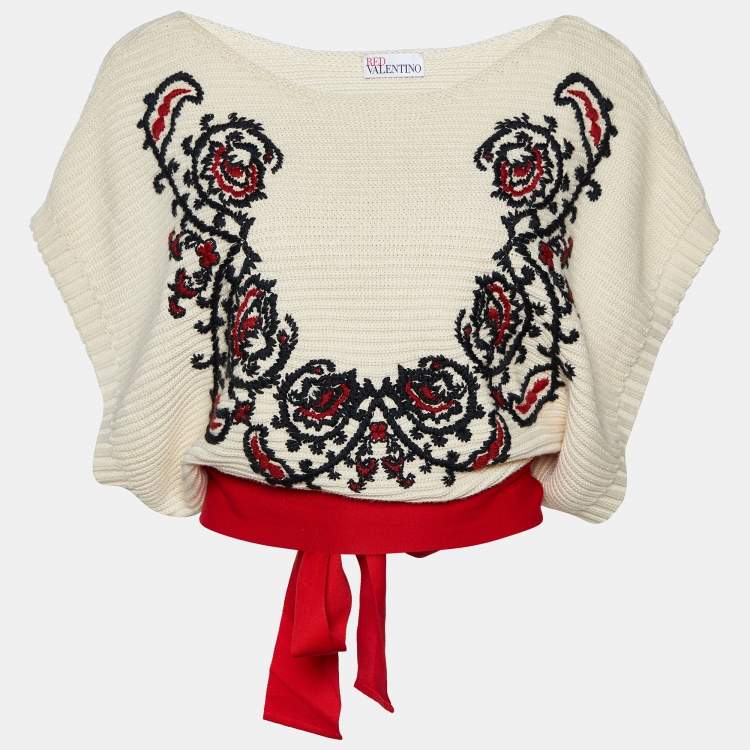 Pre Owned RED Valentino Cream Embroidered Cotton Knit Waist Tie Detail Sweater M