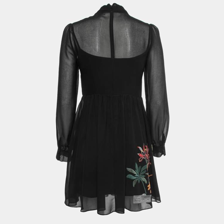 Pre Owned RED Valentino Black Floral Embroidered Georgette Long Sleeve Mini Dress S