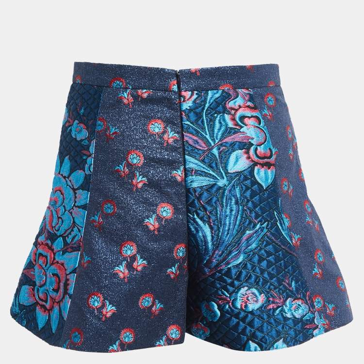 Pre Owned RED Valentino Blue Floral Patterned Metallic Jacquard High Waist Shorts S