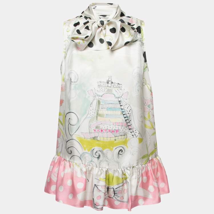 Pre Owned RED Valentino White Printed Silk Button Back Sleeveless Top M
