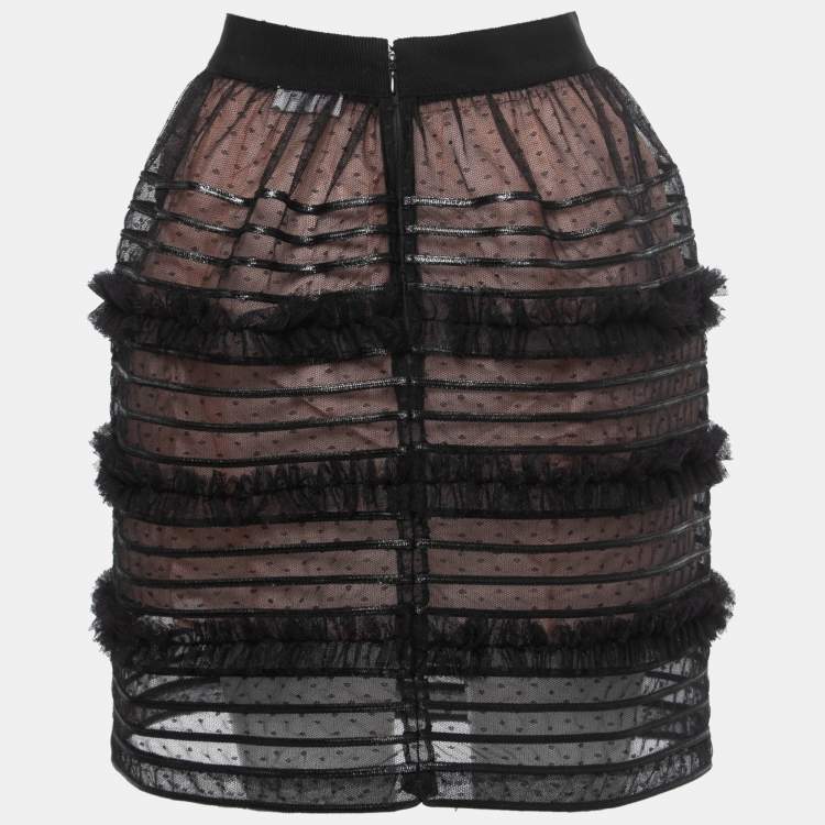 Pre Owned RED Valentino Black Dotted Tulle Ruffled Mini Skirt M