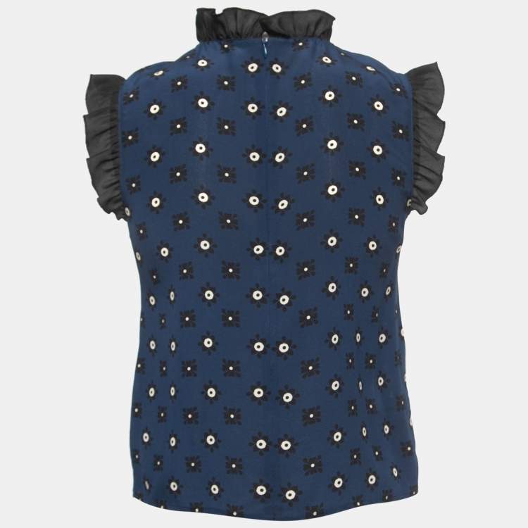 Pre Owned RED Valentino Navy Blue Floral Print Silk Ruffled Sleeveless Blouse S