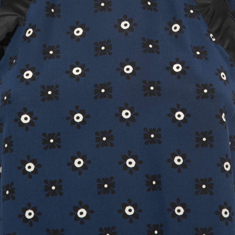 Pre Owned RED Valentino Navy Blue Floral Print Silk Ruffled Sleeveless Blouse S
