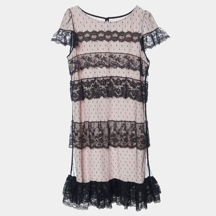 Pre Owned RED Valentino Black Tulle Lace & Pink Lined Mini Dress M