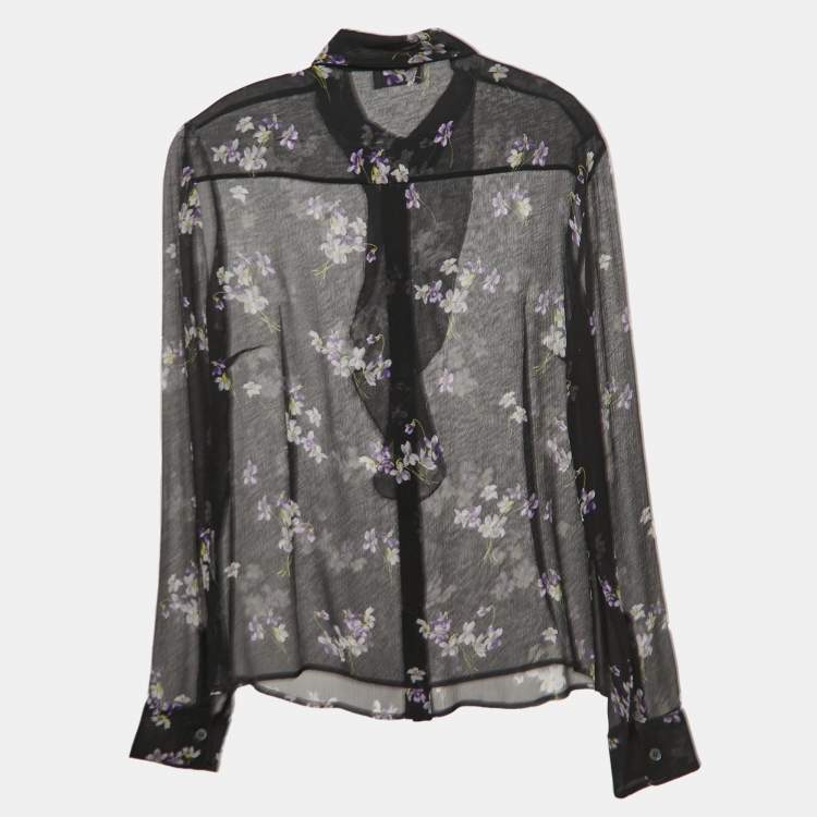 Pre Owned RED Valentino Black Floral Print Chiffon Neck Tie Detail Shirt Blouse S