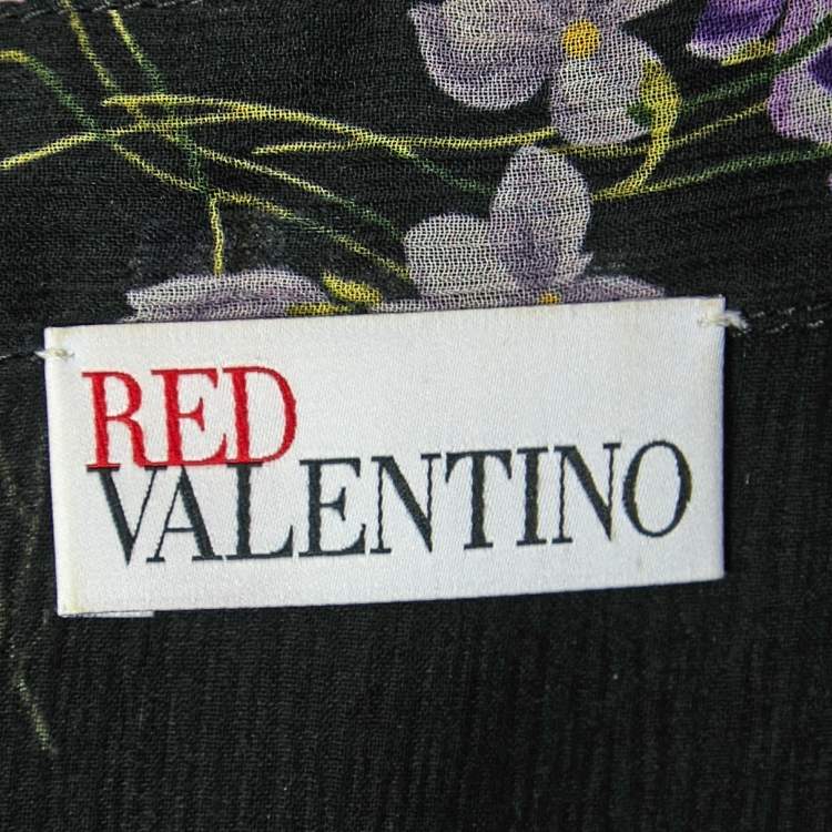 Pre Owned RED Valentino Black Floral Print Chiffon Neck Tie Detail Shirt Blouse S