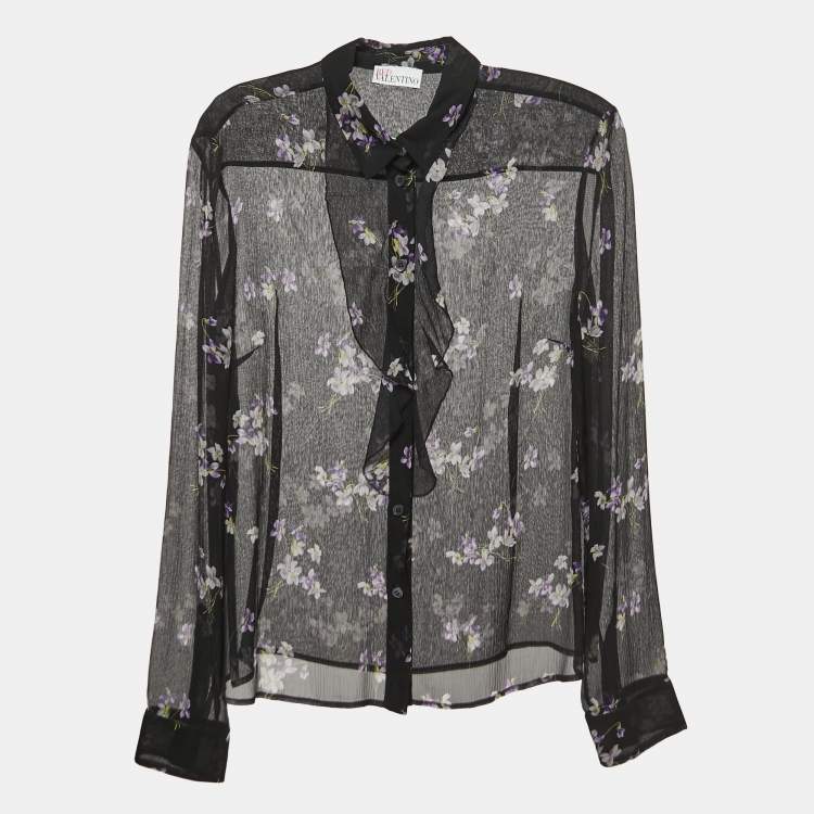 Pre Owned RED Valentino Black Floral Print Chiffon Neck Tie Detail Shirt Blouse S