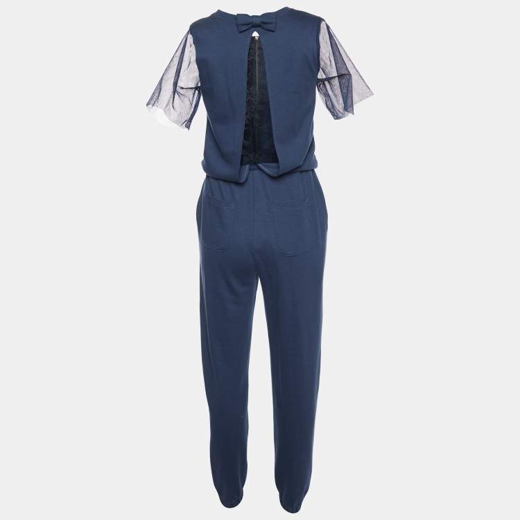 Pre Owned RED Valentino Navy Blue Cotton Knit & Lace Jumpsuit S