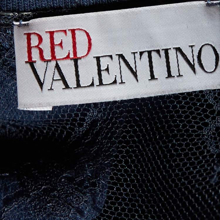 Pre Owned RED Valentino Navy Blue Cotton Knit & Lace Jumpsuit S