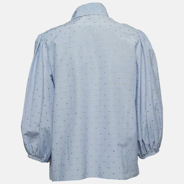 Pre Owned RED Valentino Blue Microstriped Flower Patterned Poplin Top M
