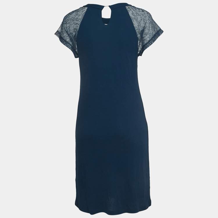 مملوكة مسبقًا RED Valentino Dark Blue Jersey Lace Trimmed Short Dress L