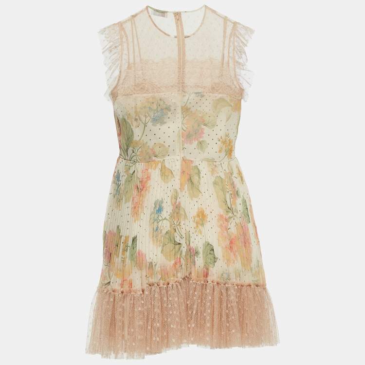 Pre Owned RED Valentino Light Pink Floral Chiffon Lace Paneled Mini Dress M