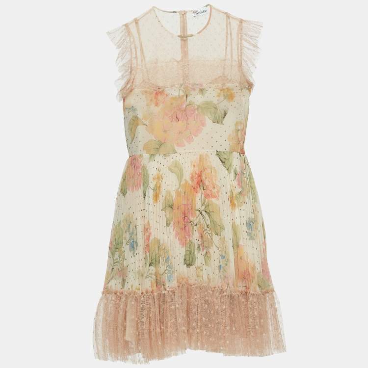 Pre Owned RED Valentino Light Pink Floral Chiffon Lace Paneled Mini Dress M
