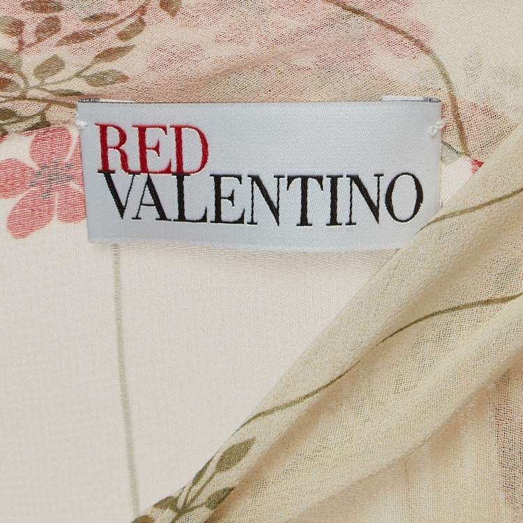 Pre Owned RED Valentino Beige Floral Printed Chiffon Tie Neck Mini Dress S