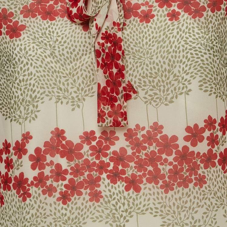 Pre Owned RED Valentino Beige Floral Printed Chiffon Tie Neck Mini Dress S