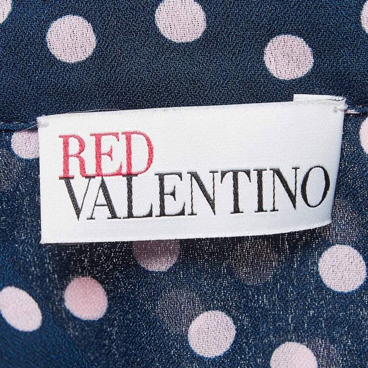 Pre Owned RED Valentino Navy Blue Dotted Crepe Puff Sleeve Blouse S