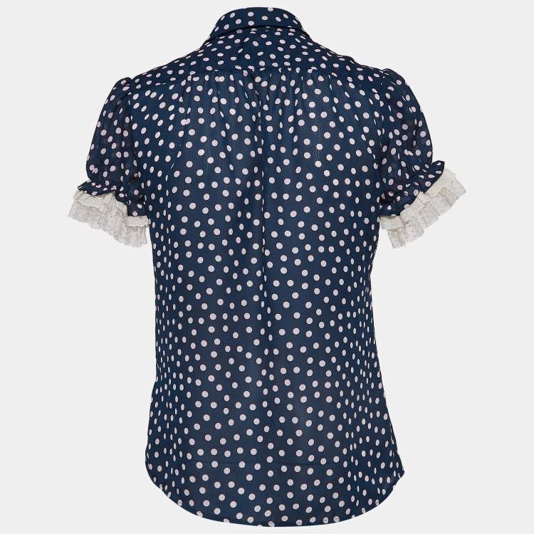Pre Owned RED Valentino Navy Blue Dotted Crepe Puff Sleeve Blouse S