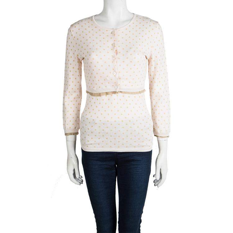 Pre Owned Red Valentino Baby Pink Knit Polka Dotted Top and Cropped Cardigan Set M