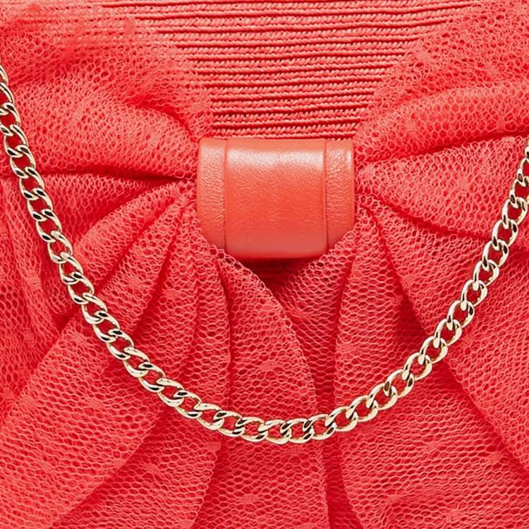 Pre Owned RED Valentino Coral Orange Raffia and Lace Bow Chain Bag