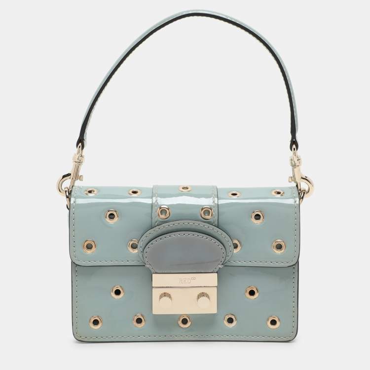 Pre Owned RED Valentino Dusky Blue Patent Leather Grommet Detailed Shoulder Bag