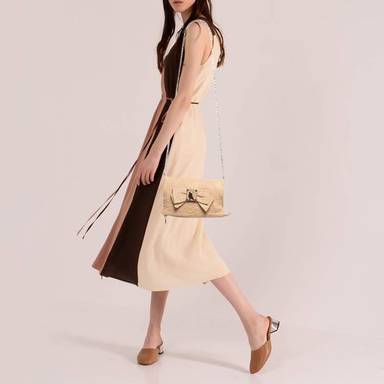 Pre Owned RED Valentino Beige Leather Bow Fold Over Chain Shoulder Bag