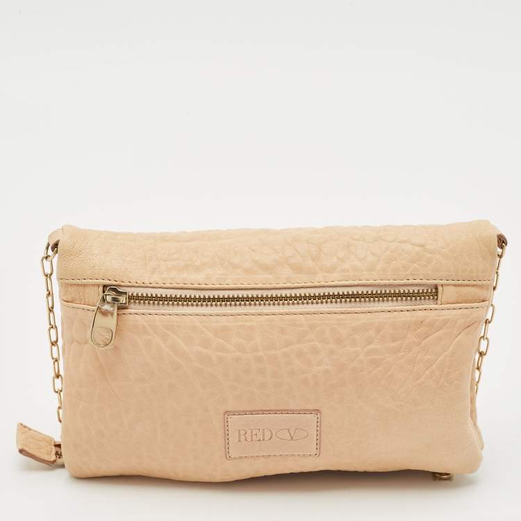 Pre Owned RED Valentino Beige Leather Bow Fold Over Chain Shoulder Bag