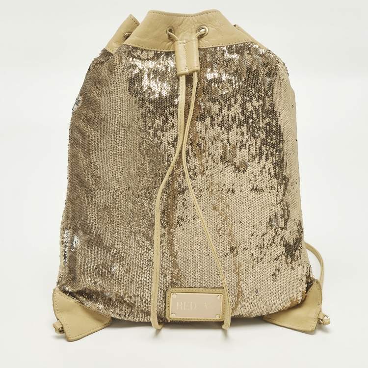 مملوكة مسبقًا RED Valentino Small Gold/Cream Sequins Drawstring Backpack