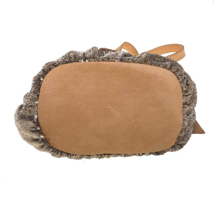 Pre Owned Red Valentino Light Brown/Metallic Gold Sequin and Leather Bow Crossbody Bag