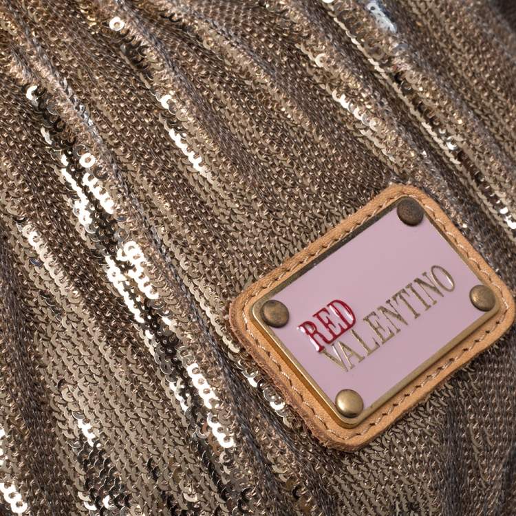 Pre Owned Red Valentino Light Brown/Metallic Gold Sequin and Leather Bow Crossbody Bag