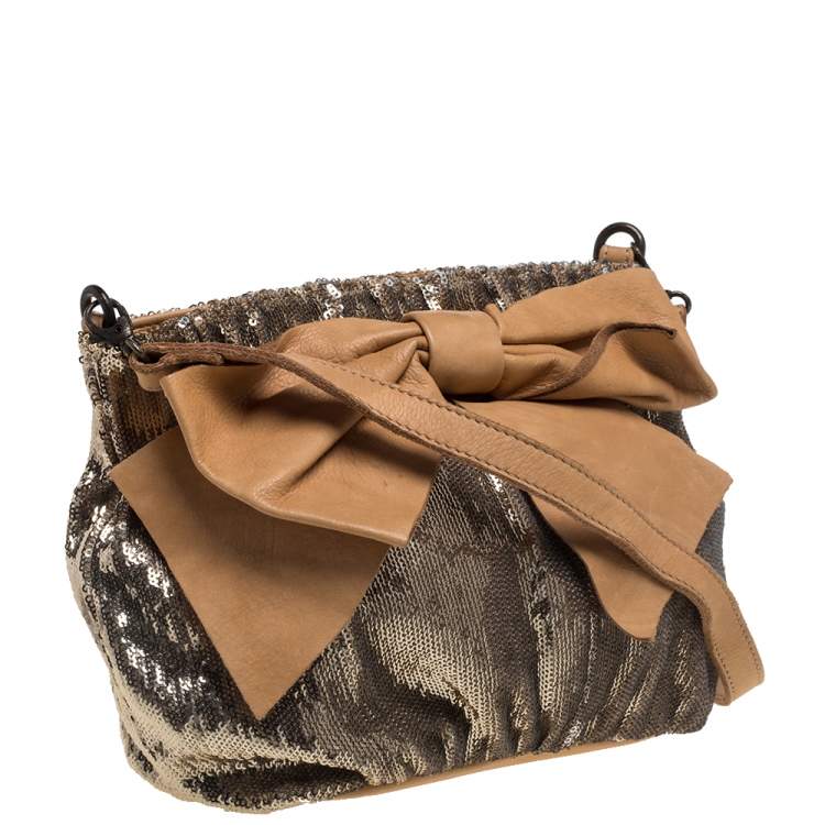 Pre Owned Red Valentino Light Brown/Metallic Gold Sequin and Leather Bow Crossbody Bag
