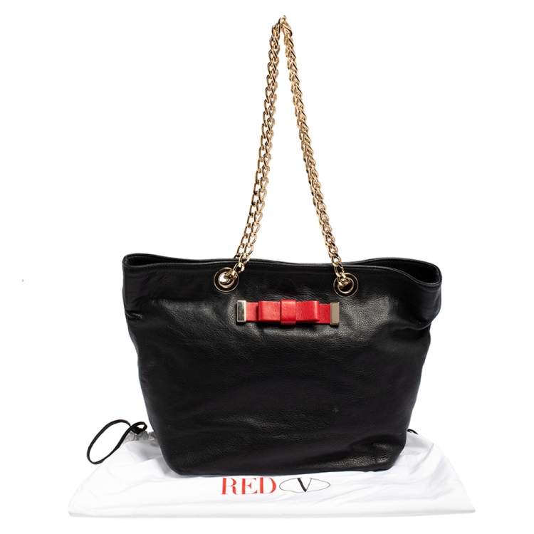 Pre Owned Red Valentino Black/Red Leather Bow Chain Shoulder Bag