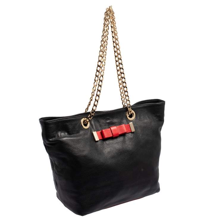 Pre Owned Red Valentino Black/Red Leather Bow Chain Shoulder Bag