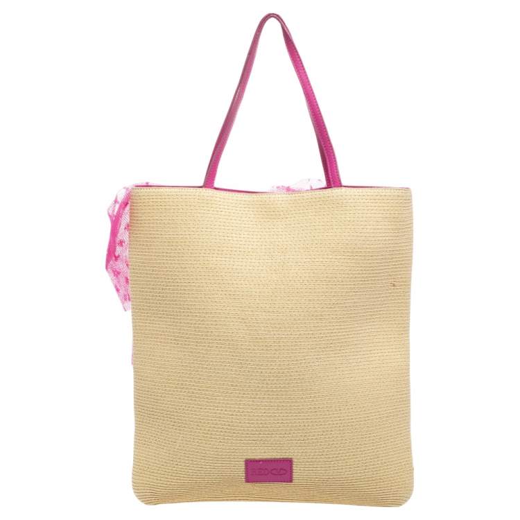 Pre Owned RED Valentino Beige/Pink Raffia And Lace Bow Tote