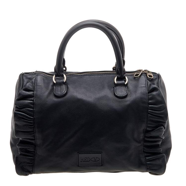 Pre Owned RED Valentino Black Leather Ruffle Boston Bag