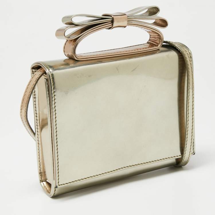 Pre Owned RED Valentino Light Gold Mirror Laminated Leather Flap Top Handle Bag