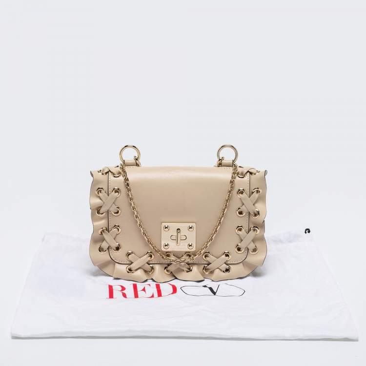 Pre Owned RED Valentino Beige Leather Ruffles Flap Shoulder Bag 