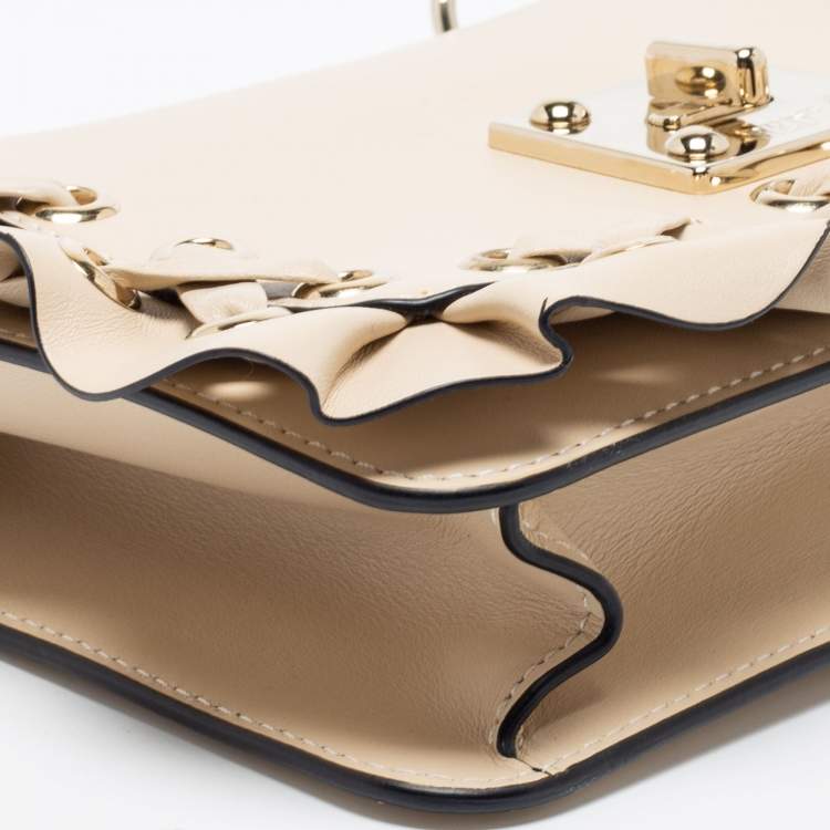 Pre Owned RED Valentino Beige Leather Ruffles Flap Shoulder Bag 