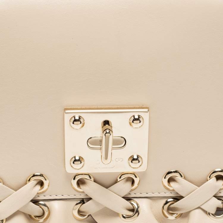 Pre Owned RED Valentino Beige Leather Ruffles Flap Shoulder Bag 