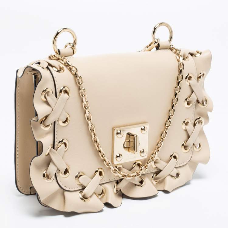 Pre Owned RED Valentino Beige Leather Ruffles Flap Shoulder Bag 