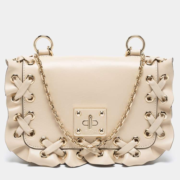 Pre Owned RED Valentino Beige Leather Ruffles Flap Shoulder Bag 