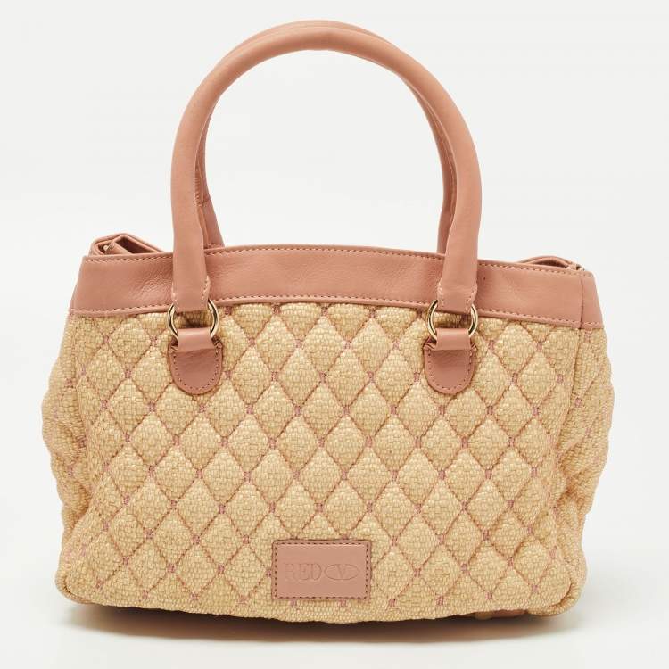Pre Owned RED Valentino Old Rose/Beige Quilted Raffia and Leather Tote
