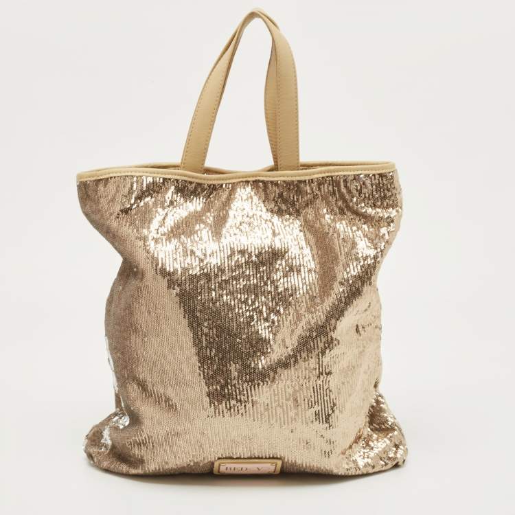 Pre Owned RED Valentino Gold Sequins and Leather Ruffled Tote