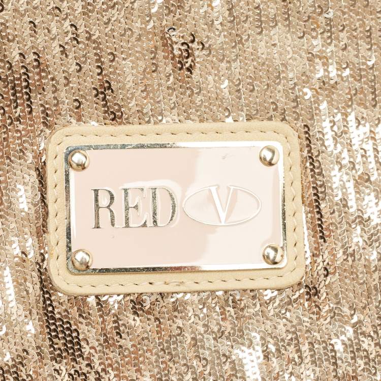 Pre Owned RED Valentino Gold Sequins and Leather Ruffled Tote