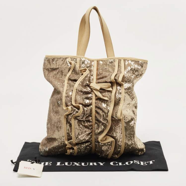 Pre Owned RED Valentino Gold Sequins and Leather Ruffled Tote