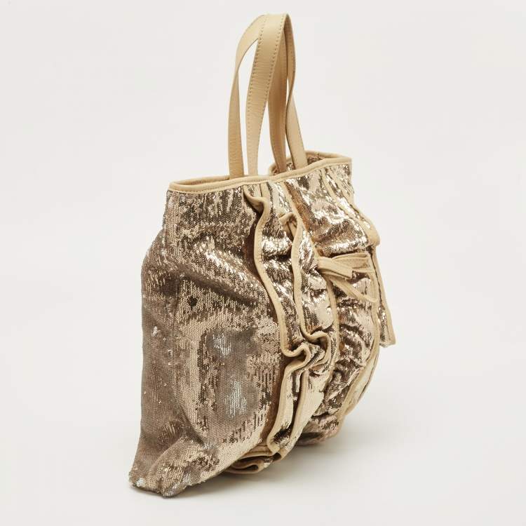 Pre Owned RED Valentino Gold Sequins and Leather Ruffled Tote