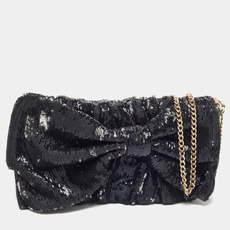 Pre Owned RED Valentino Black Sequins Bow Flap Shoulder Bag