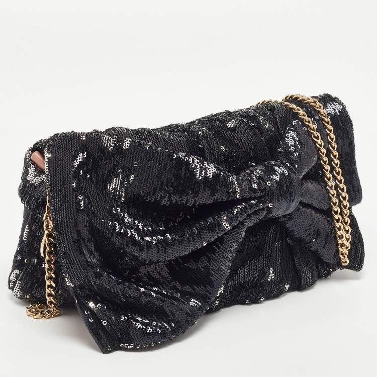 Pre Owned RED Valentino Black Sequins Bow Flap Shoulder Bag