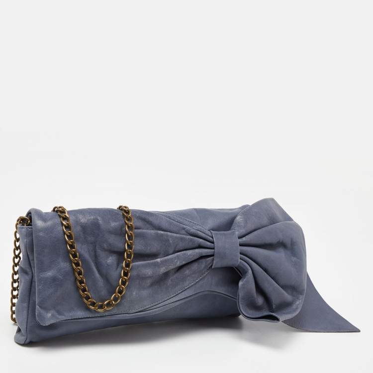 Pre Owned RED Valentino Blue Leather Bow Chain Clutch