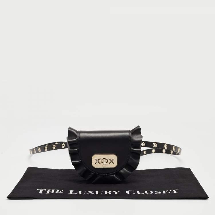 Pre Owned RED Valentino Black Leather Ruffle Convertible Belt Bag