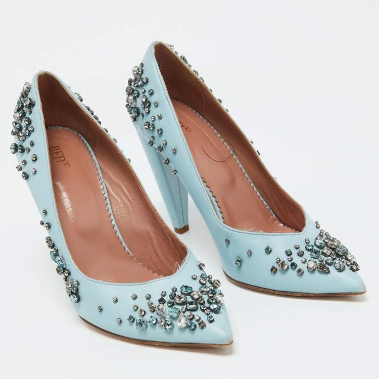Pre Owned RED Valentino Light Blue Leather Crystal Embellished Pumps Size 39